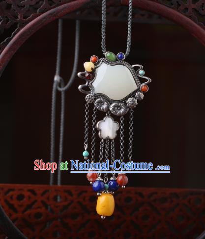 China Classical White Jade Silver Necklace Pendant Traditional Cheongsam Beeswax Tassel Accessories