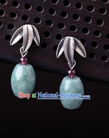 Chinese Classical Silver Bamboo Leaf Ear Accessories Traditional Cheongsam Jade Earrings