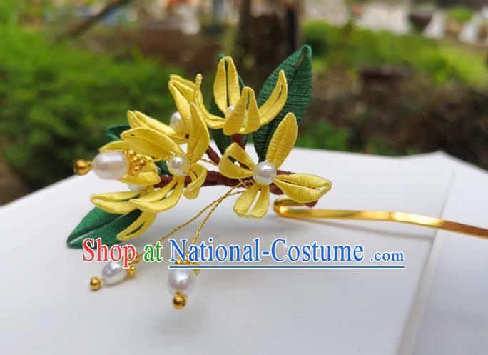 China Ming Dynasty Osmanthus Hair Stick Traditional Ancient Princess Yellow Silk Flowers Hairpin