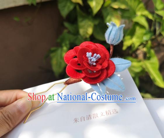 China Ming Dynasty Red Silk Rose Hair Stick Traditional Ancient Palace Lady Hairpin