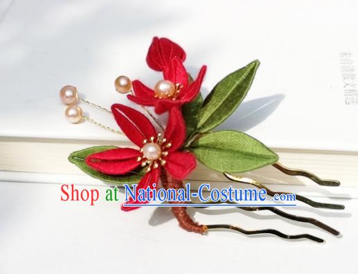 China Ming Dynasty Hair Stick Traditional Ancient Palace Lady Red Silk Flowers Hairpin