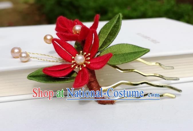 China Ming Dynasty Hair Stick Traditional Ancient Palace Lady Red Silk Flowers Hairpin