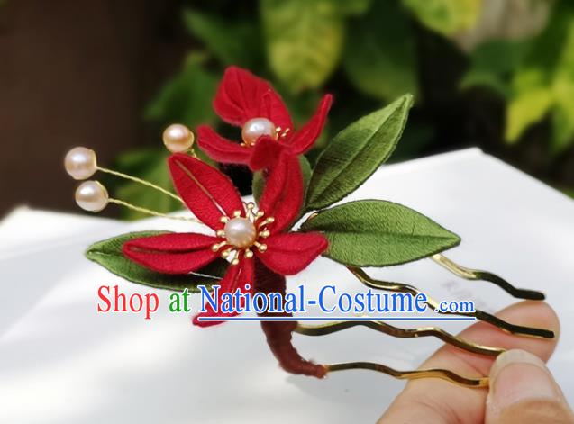 China Ming Dynasty Hair Stick Traditional Ancient Palace Lady Red Silk Flowers Hairpin