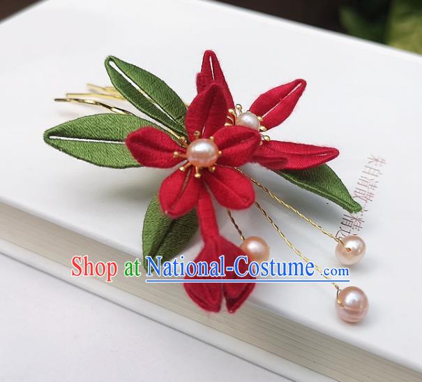 China Ming Dynasty Hair Stick Traditional Ancient Palace Lady Red Silk Flowers Hairpin