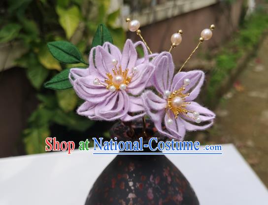 China Ming Dynasty Lilac Silk Epiphyllum Hair Stick Traditional Ancient Palace Lady Pearls Hairpin