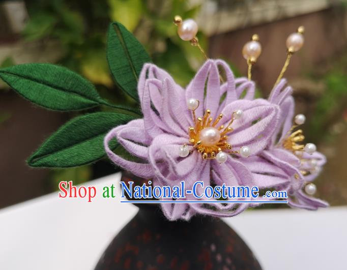 China Ming Dynasty Lilac Silk Epiphyllum Hair Stick Traditional Ancient Palace Lady Pearls Hairpin