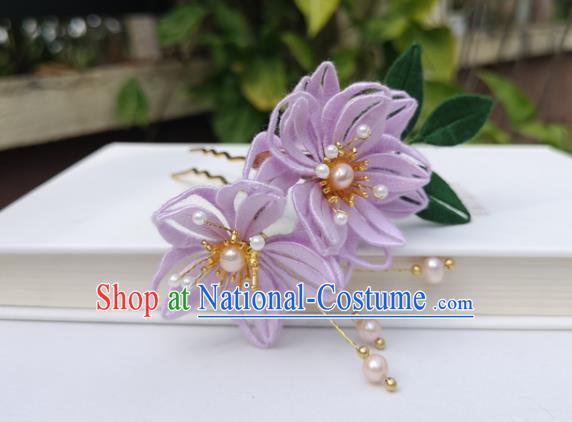 China Ming Dynasty Lilac Silk Epiphyllum Hair Stick Traditional Ancient Palace Lady Pearls Hairpin