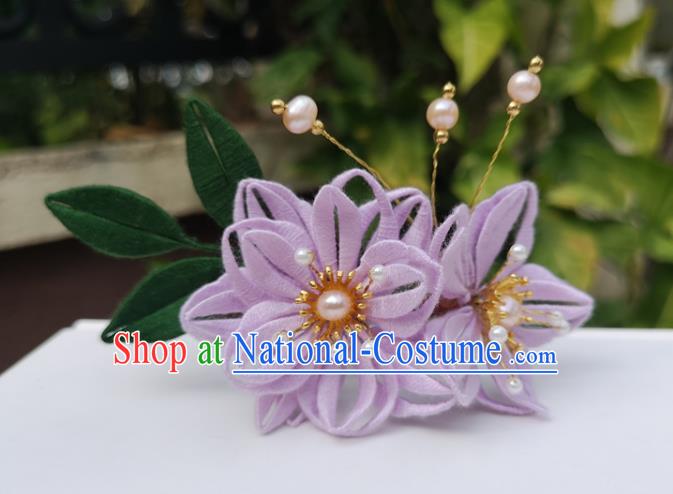 China Ming Dynasty Lilac Silk Epiphyllum Hair Stick Traditional Ancient Palace Lady Pearls Hairpin