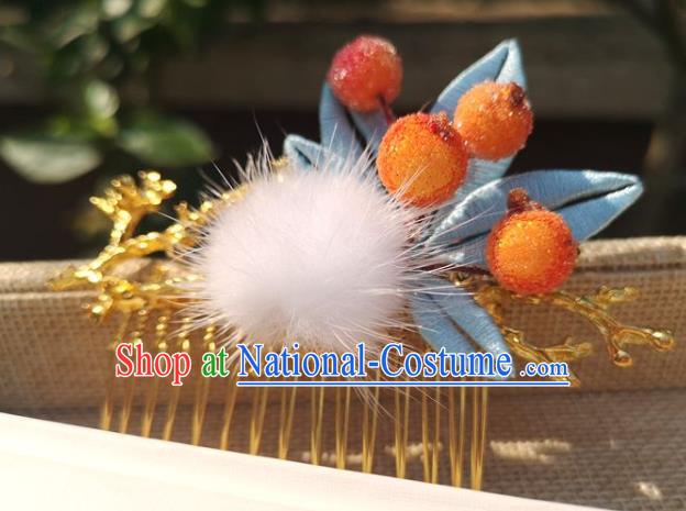 China Traditional Ancient Princess Blue Silk Bamboo Leaf Hairpin Ming Dynasty Orange Berry Hair Comb