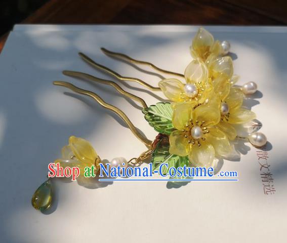 China Traditional Ancient Princess Yellow Flowers Hairpin Ming Dynasty Pearls Hair Stick