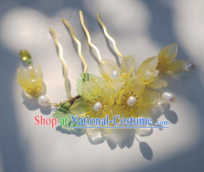 China Traditional Ancient Princess Yellow Flowers Hairpin Ming Dynasty Pearls Hair Stick