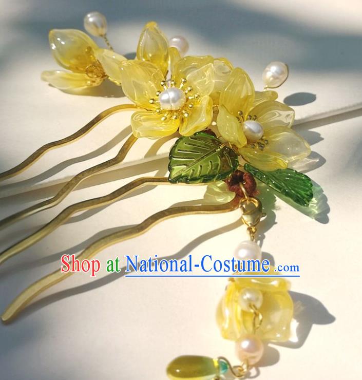 China Traditional Ancient Princess Yellow Flowers Hairpin Ming Dynasty Pearls Hair Stick