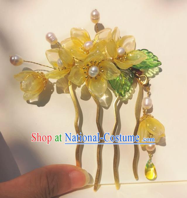 China Traditional Ancient Princess Yellow Flowers Hairpin Ming Dynasty Pearls Hair Stick