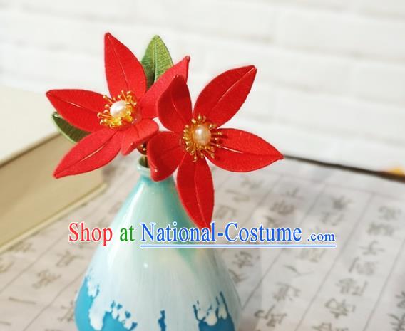 China Ming Dynasty Red Flowers Hair Stick Traditional Hanfu Hair Accessories Ancient Princess Pearl Hairpin