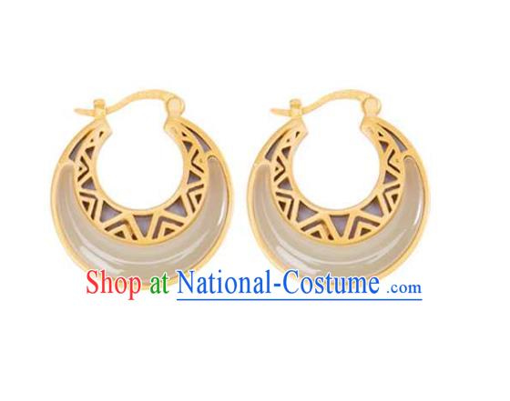 Handmade Chinese Cheongsam Golden Ear Accessories Traditional Jade Moon Earrings