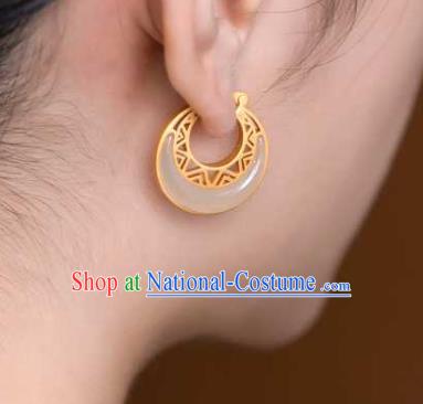 Handmade Chinese Cheongsam Golden Ear Accessories Traditional Jade Moon Earrings