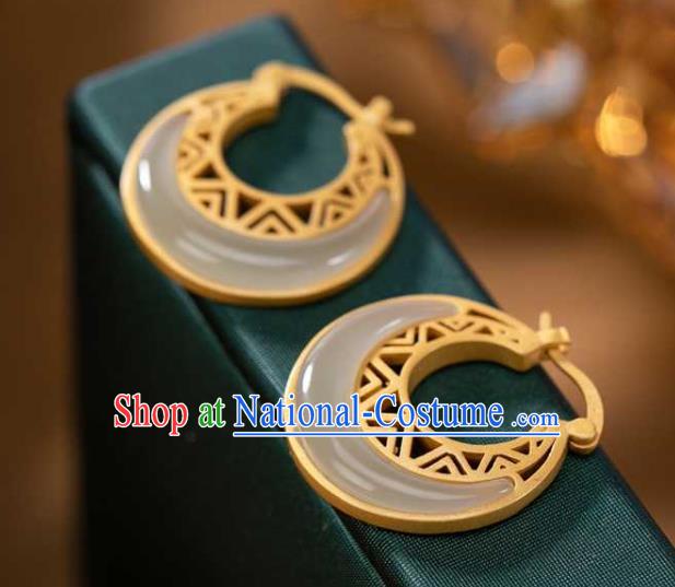 Handmade Chinese Cheongsam Golden Ear Accessories Traditional Jade Moon Earrings