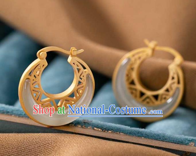 Handmade Chinese Cheongsam Golden Ear Accessories Traditional Jade Moon Earrings