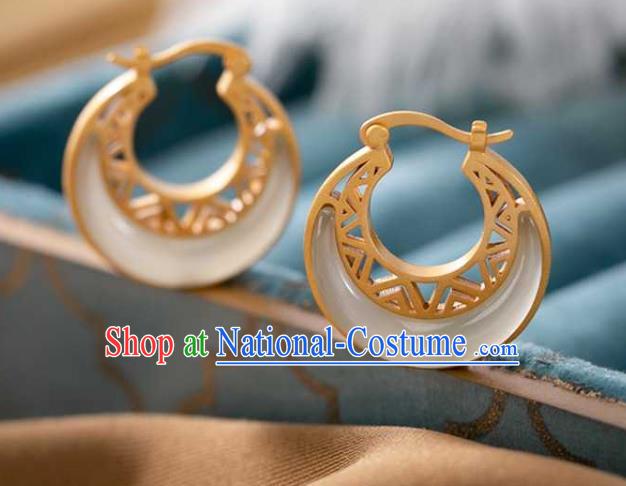 Handmade Chinese Cheongsam Golden Ear Accessories Traditional Jade Moon Earrings