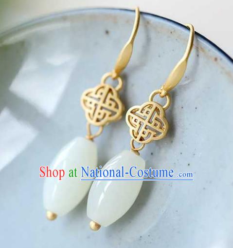 Handmade Chinese Cheongsam White Jade Ear Accessories Traditional Golden Earrings