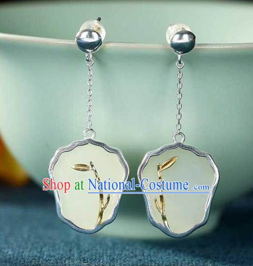 Handmade Chinese Cheongsam White Jade Fan Ear Accessories Traditional Silver Earrings