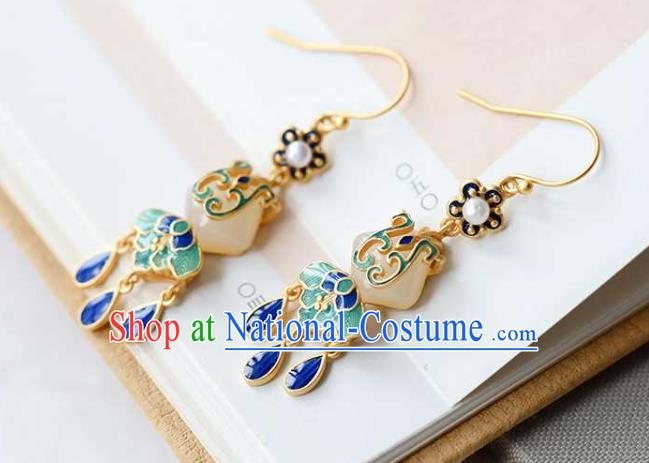 Handmade Chinese Cheongsam Jade Fan Ear Accessories Traditional Qing Dynasty Cloisonne Earrings