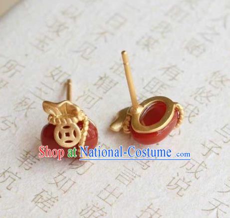 Handmade Chinese Agate Ear Accessories Traditional Cheongsam Golden Copper Earrings