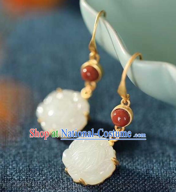 Handmade Chinese White Jade Lotus Ear Accessories Traditional Cheongsam Agate Earrings