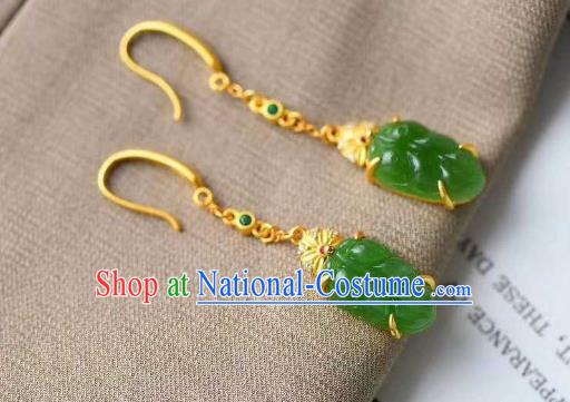 Handmade Chinese Jadeite Leaf Ear Accessories Traditional Cheongsam Golden Earrings