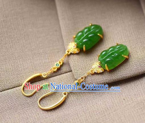 Handmade Chinese Jadeite Leaf Ear Accessories Traditional Cheongsam Golden Earrings