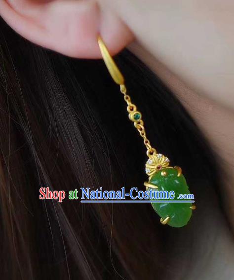 Handmade Chinese Jadeite Leaf Ear Accessories Traditional Cheongsam Golden Earrings