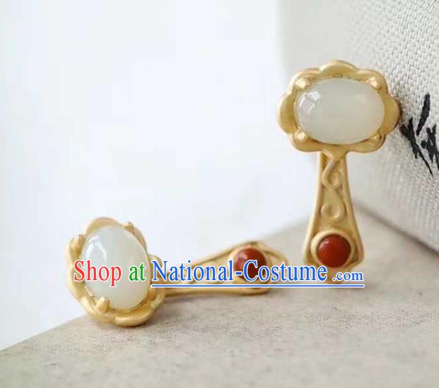 Handmade Chinese Golden Ear Accessories Traditional Cheongsam Hetian Jade Earrings