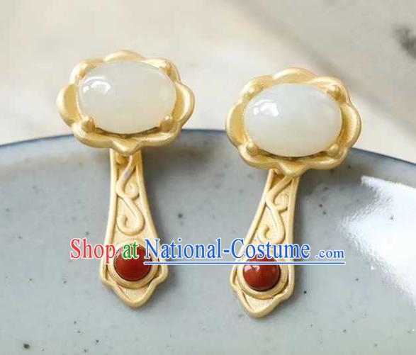 Handmade Chinese Golden Ear Accessories Traditional Cheongsam Hetian Jade Earrings