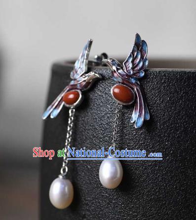 Handmade Chinese Blueing Bird Ear Accessories Traditional Cheongsam Pearls Tassel Earrings