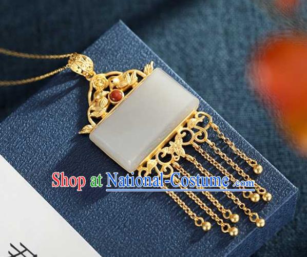 China Classical Cheongsam Golden Tassel Pendant Accessories Traditional White Jade Necklace