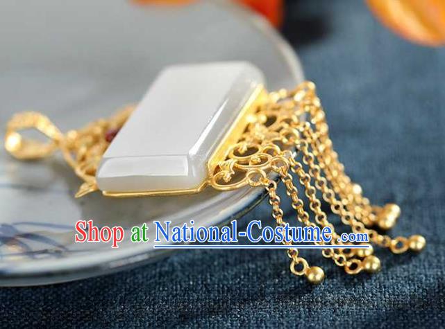 China Classical Cheongsam Golden Tassel Pendant Accessories Traditional White Jade Necklace