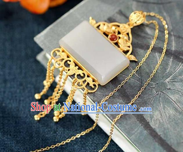 China Classical Cheongsam Golden Tassel Pendant Accessories Traditional White Jade Necklace