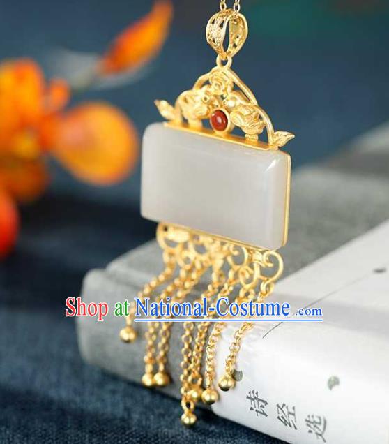 China Classical Cheongsam Golden Tassel Pendant Accessories Traditional White Jade Necklace