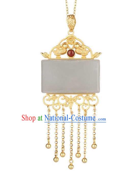 China Classical Cheongsam Golden Tassel Pendant Accessories Traditional White Jade Necklace