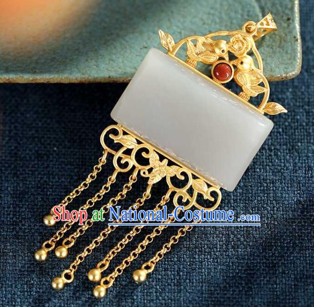 China Classical Cheongsam Golden Tassel Pendant Accessories Traditional White Jade Necklace