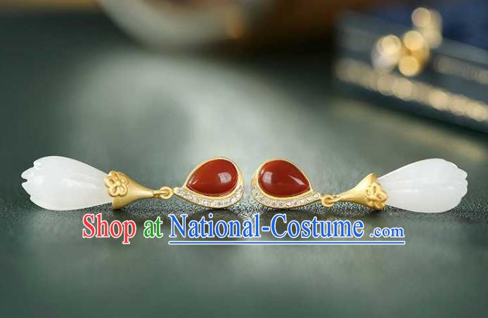 Handmade Chinese Agate Ear Accessories Traditional Cheongsam Jade Mangnolia Earrings