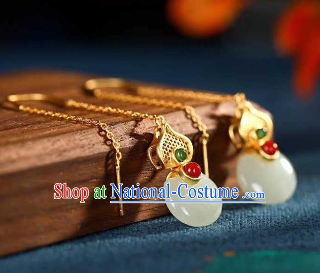 Handmade Chinese Golden Gems Ear Accessories Traditional Cheongsam Jade Gourd Earrings