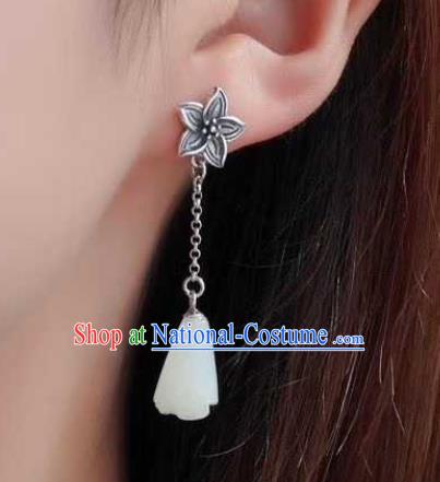 Handmade Chinese White Jade Ear Accessories Traditional Cheongsam Silver Lily Flower Earrings