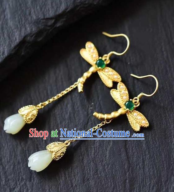 Handmade Chinese Jade Mangnolia Ear Accessories Traditional Cheongsam Golden Dragonfly Earrings