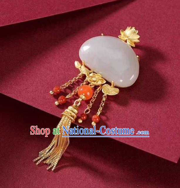 China Classical Cheongsam Golden Lotus Tassel Pendant Accessories Traditional Jade Necklace Jewelry