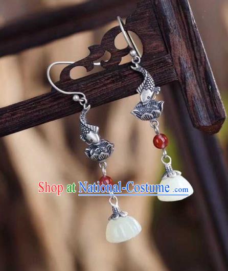 Handmade Chinese Silver Lotus Fish Ear Accessories Traditional Cheongsam Jade Tassel Earrings