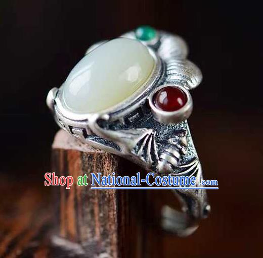 China Classical Cheongsam Silver Carving Ring Accessories Traditional Jade Circlet Jewelry