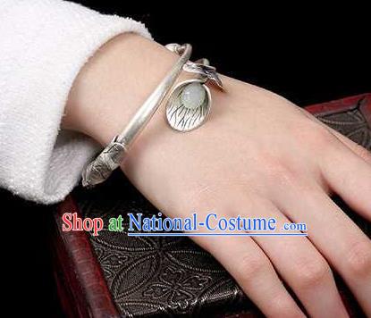 China Classical Cheongsam Silver Carving Bracelet Accessories Traditional Jade Mangnolia Bangle Jewelry