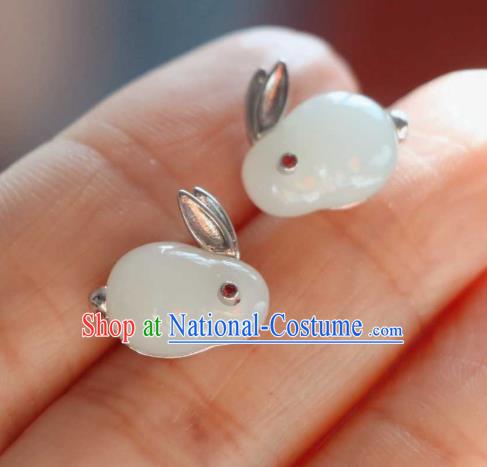 Handmade Chinese Hetian Jade Rabbit Ear Accessories Traditional Silver Earrings