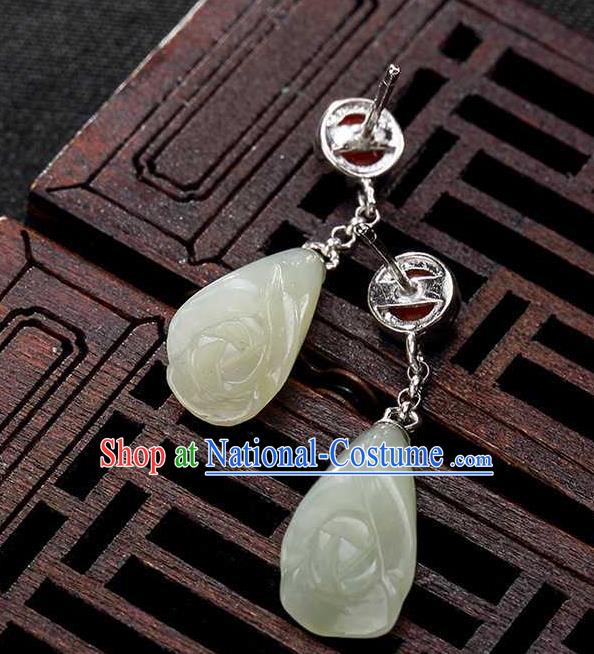 Handmade Chinese Traditional Cheongsam Jade Mangnolia Earrings National Ear Accessories